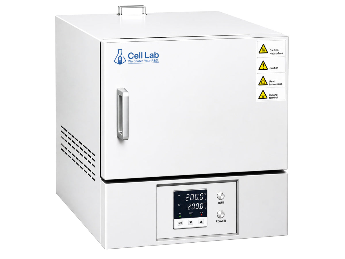 Cell Lab 1200°C ceramic fiber muffle furnace with standard, high precision or 64-segment programmable controllers for sintering and lab heat treatment.