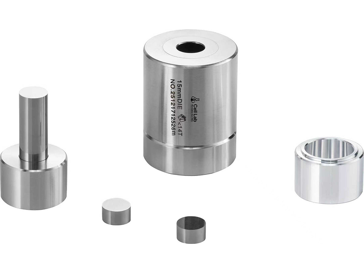 Cell Lab 15 mm tungsten carbide (WC) pressing die sets — ultra-hard HRC85–90 dies for pellet preparation in powder metallurgy, ceramics and spectroscopy.