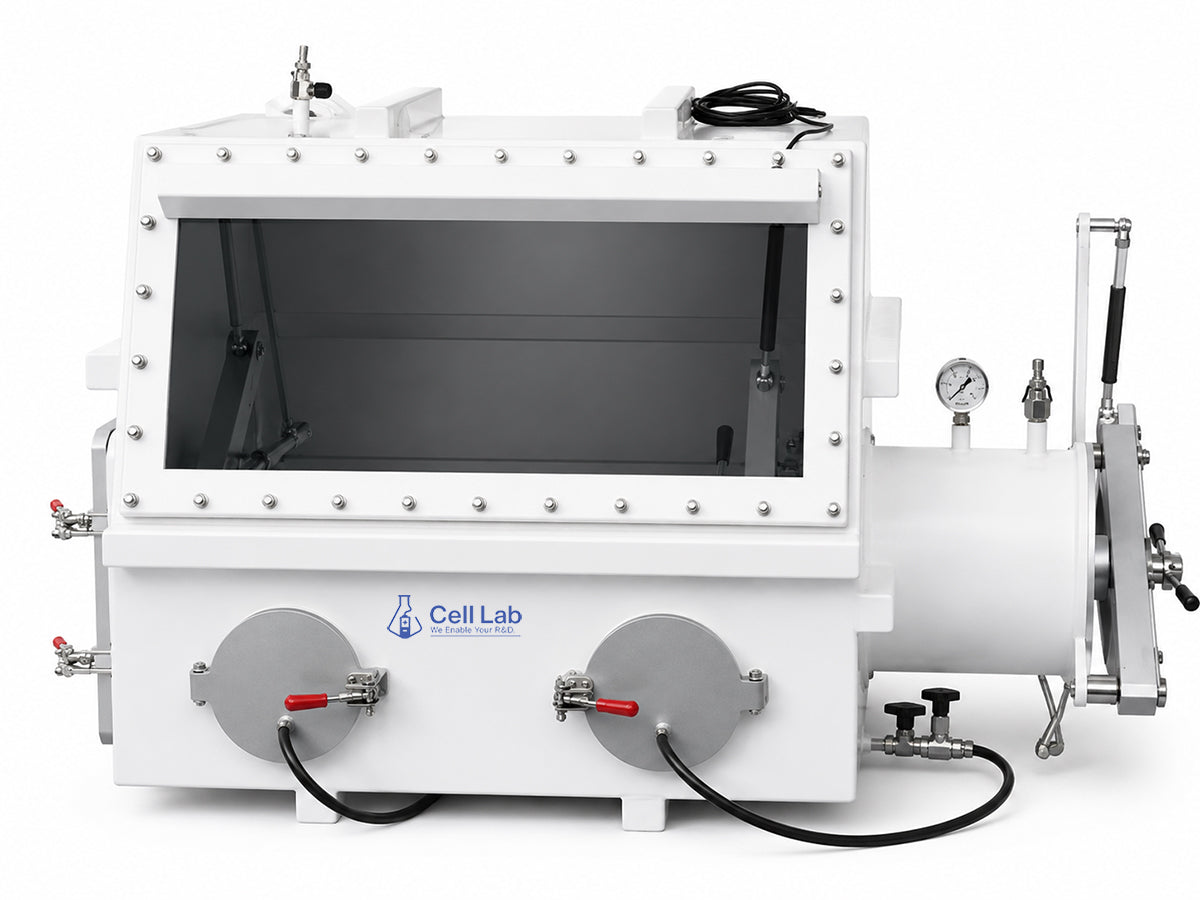 Cell Lab 354L compact stainless steel glove box with antechamber provides a high-purity inert atmosphere for battery R&D, semiconductor research, and chemical.