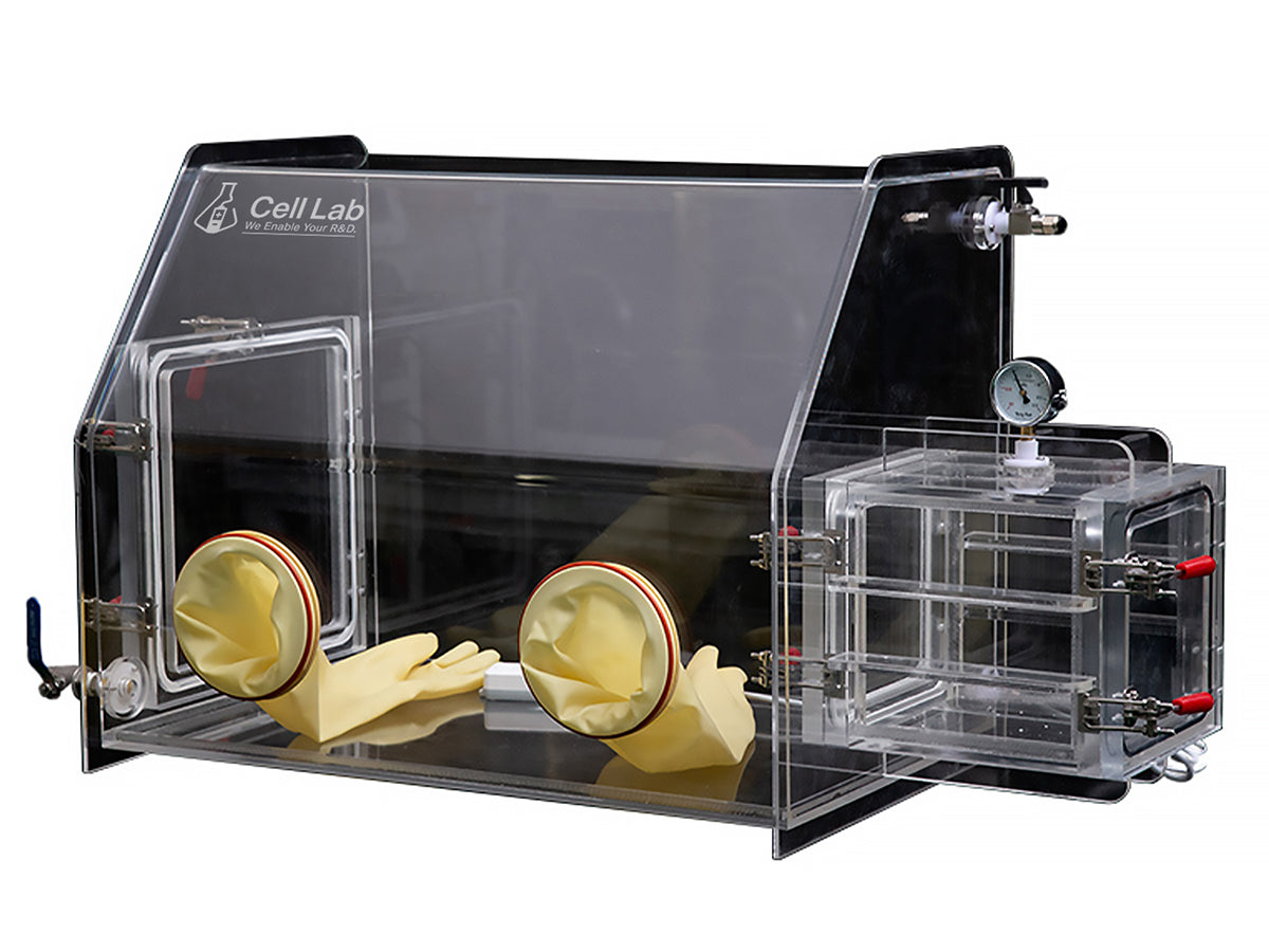 Cell Lab acrylic glove box provides a low-oxygen, low-moisture inert atmosphere for safe laboratory chemical handling, teaching and research use.