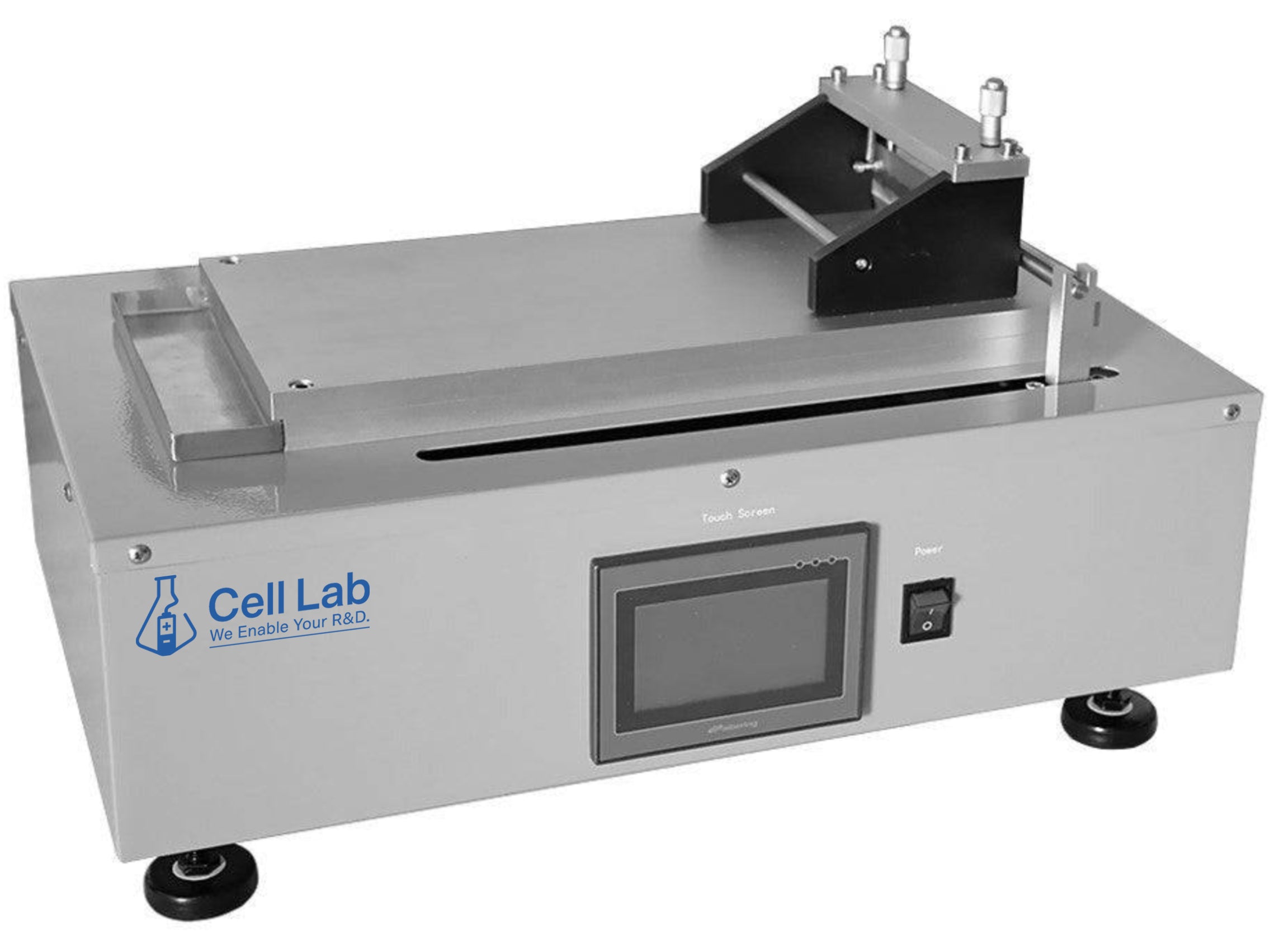 Cell Lab automatic film coater with vacuum chuck and touch screen – precision electrode coating machine for battery R&D. Adjustable doctor blade (0.01–3.5 mm), 0–100 mm/s speed, compact benchtop design.
