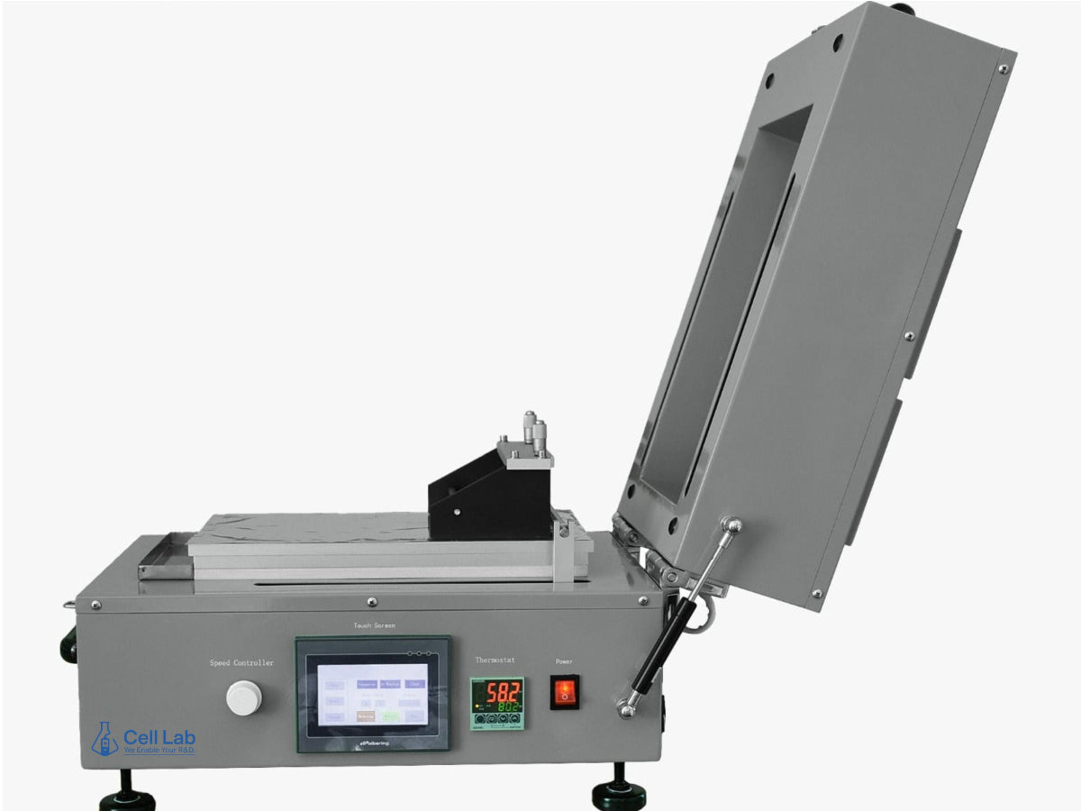 automatic film coater with heating dryer delivers precision vacuum coating and uniform drying up to 130 °C for Li-ion battery electrodes and ceramic tape films.