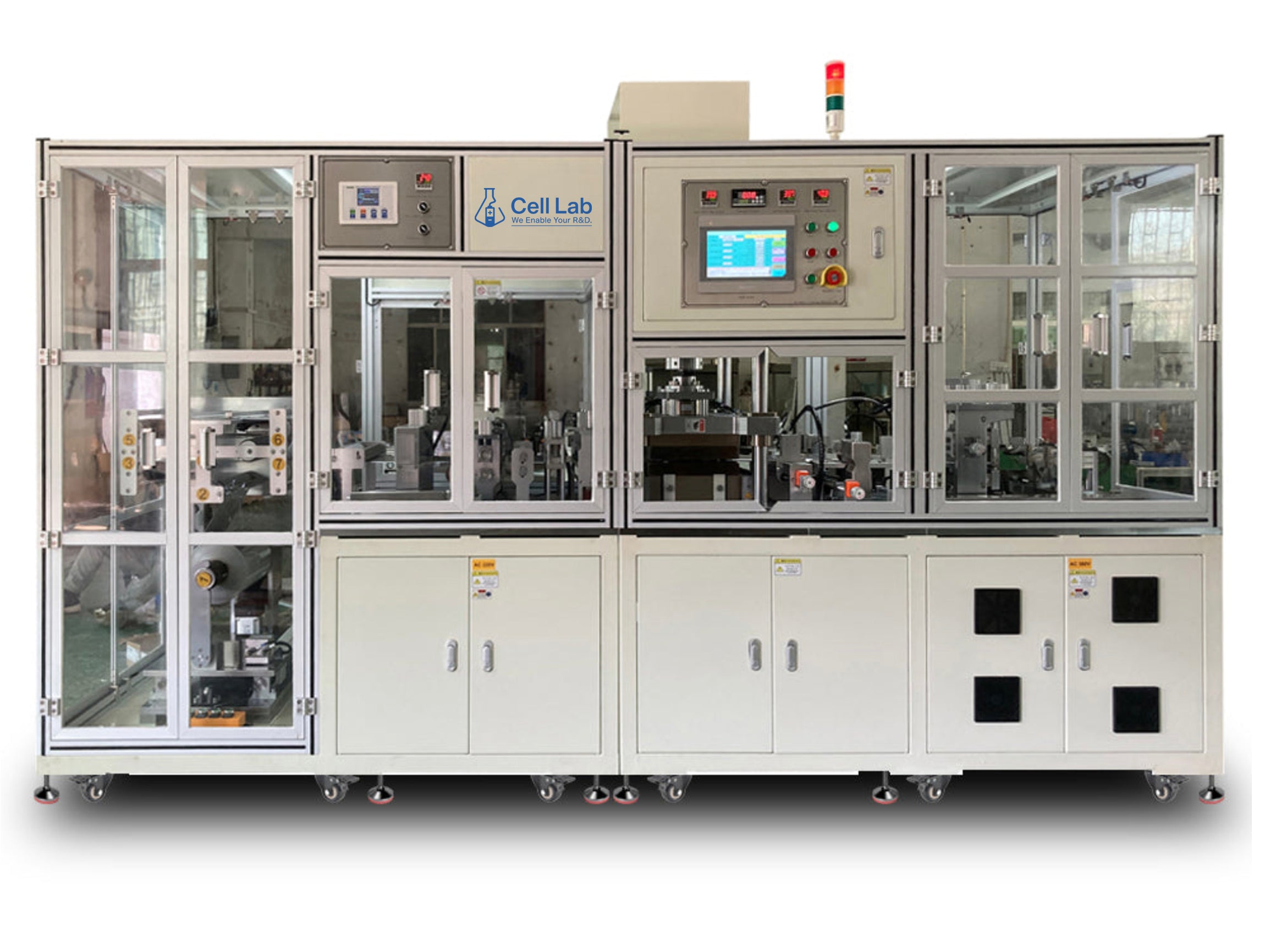 Cell Lab automatic pouch-cell case forming machine with servo punching and roll-feeding offers ± 0.15 mm accuracy, wrinkle-free laminated film shaping, and intelligent tension control for battery R&D and production.