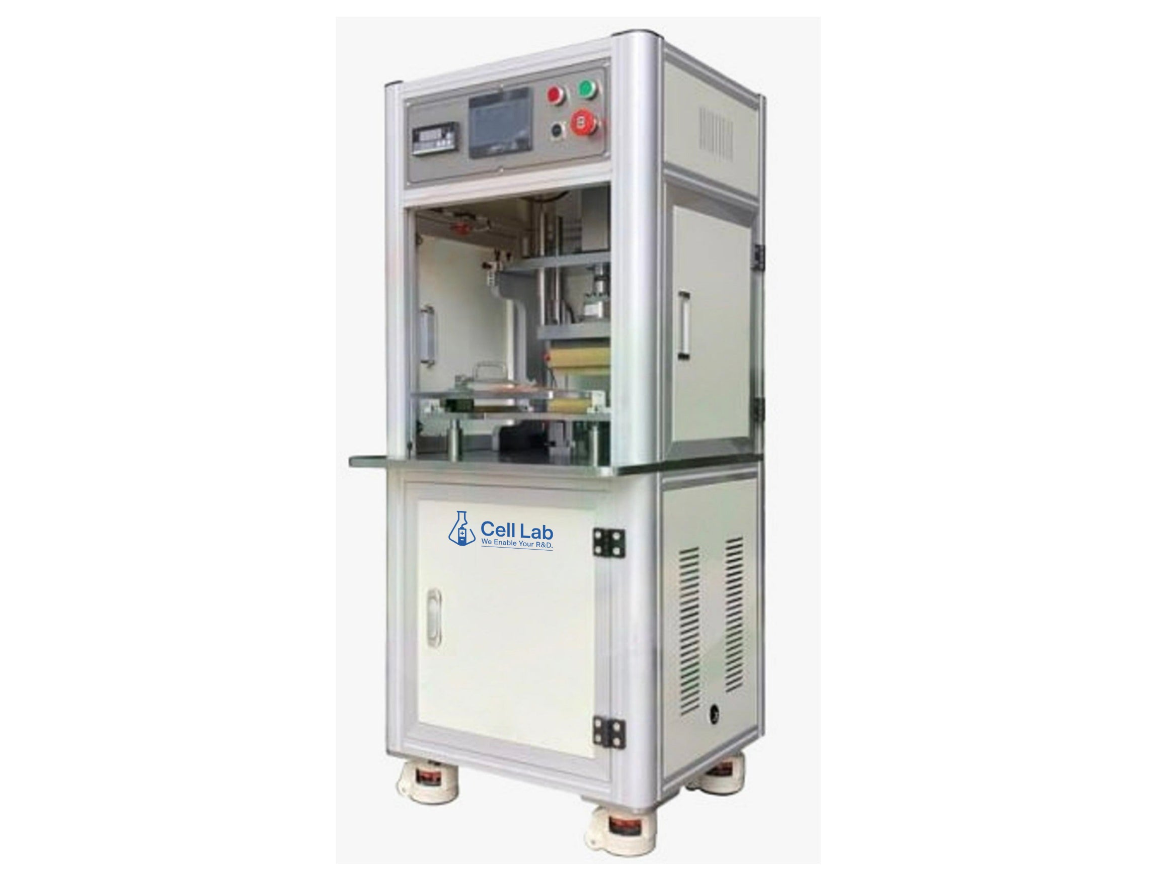 Cell Lab automatic pouch cell heat sealer with touchscreen control and USB data logging delivers precision temperature, pressure, and sealing-time management for top and side sealing in lithium battery production.