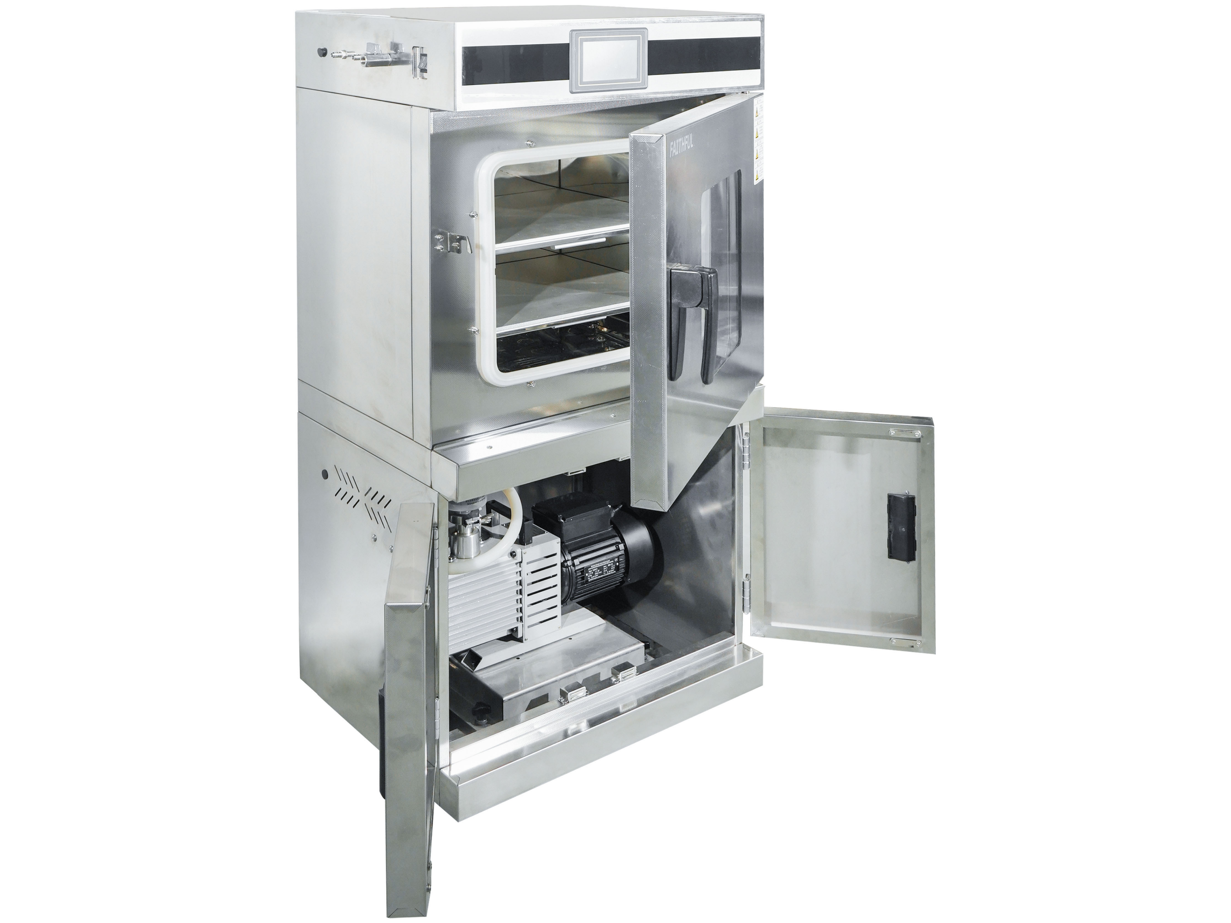 Cell Lab automatic precision vacuum drying oven with pluggable shelf heating and touchscreen PID control offers independent shelf temperature zones, automatic vacuum regulation, and optional integrated pump for precise low-pressure drying.