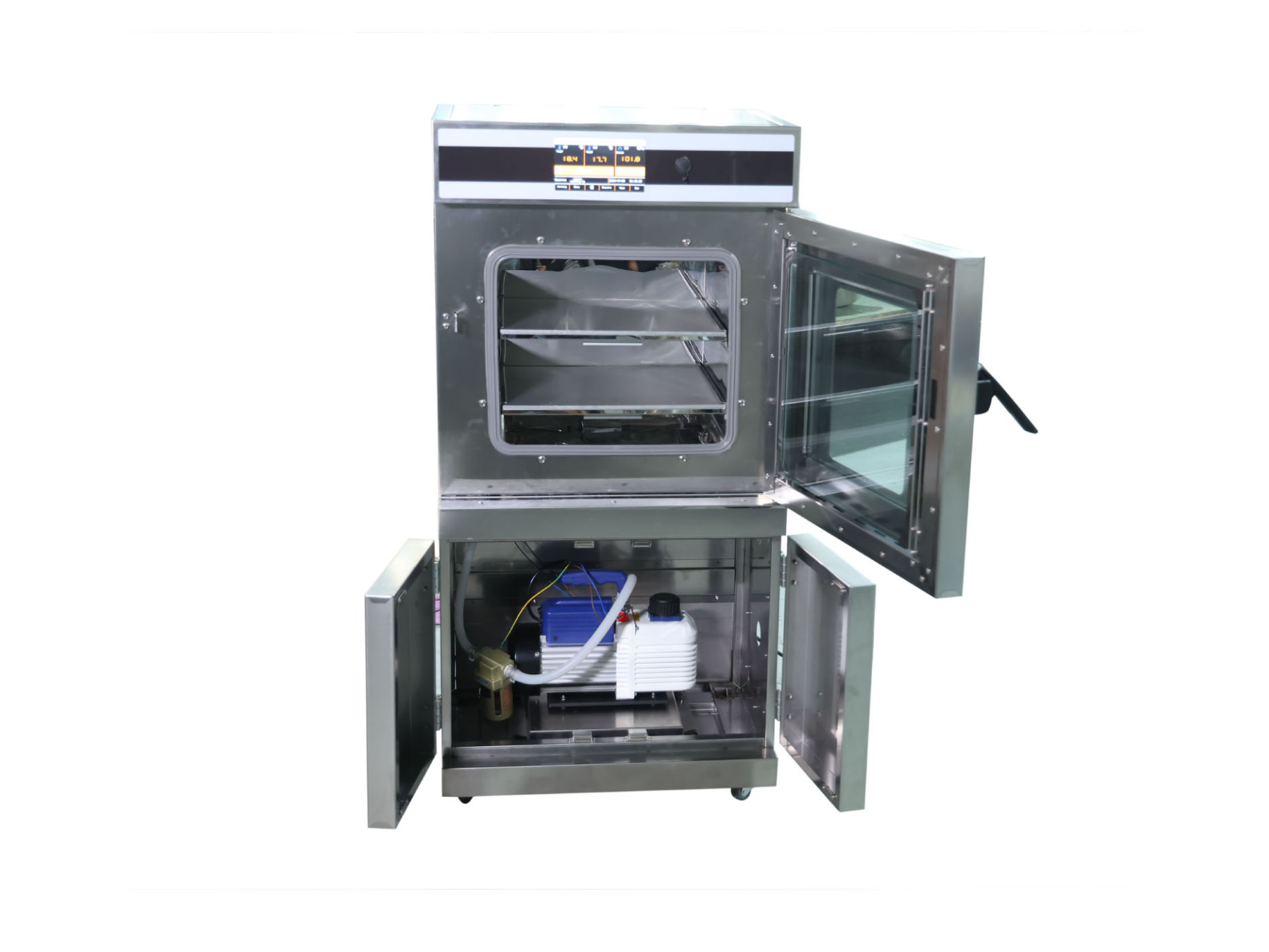 Cell Lab automatic precision vacuum drying oven with pluggable shelf heating and touchscreen PID control offers independent shelf temperature zones, automatic vacuum regulation, and optional integrated pump for precise low-pressure drying.
