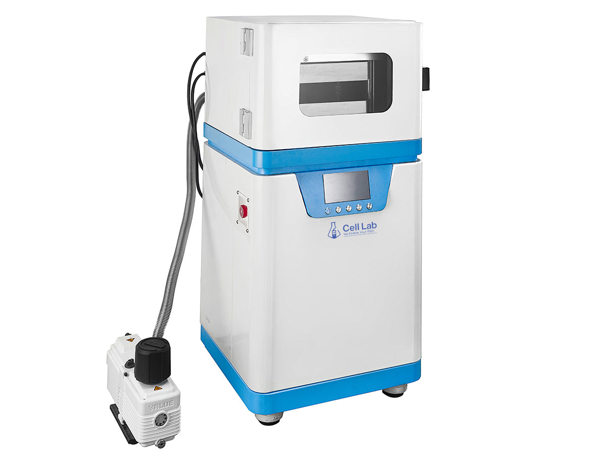 Cell Lab 25T Automatic Vacuum Heated Press with 300°C, -0.1 MPa, Dual Plates 180×180/200×200 mm, programmable hold for battery, polymer & ceramics research.