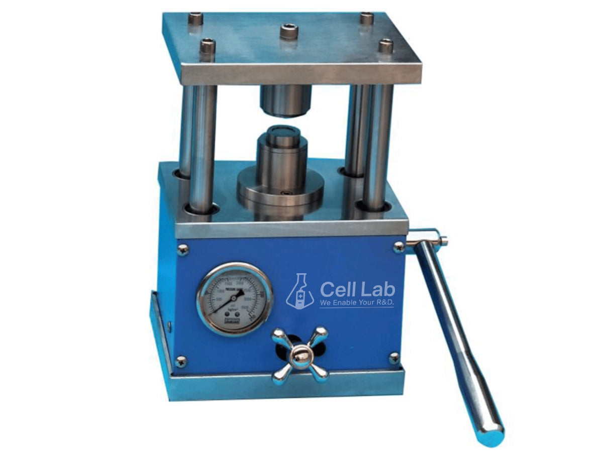 Cell Lab Battery Coin Cell Crimper: lightweight hydraulic crimping machine for CR2032, CR2025, CR2016 and optional CR1220, CR2325, CR2450, AG3, AG5 cells. Max. 8 tons pressure, PTFE anti-corrosion core, heavy-duty frame, ideal for battery R&D and pilot production.