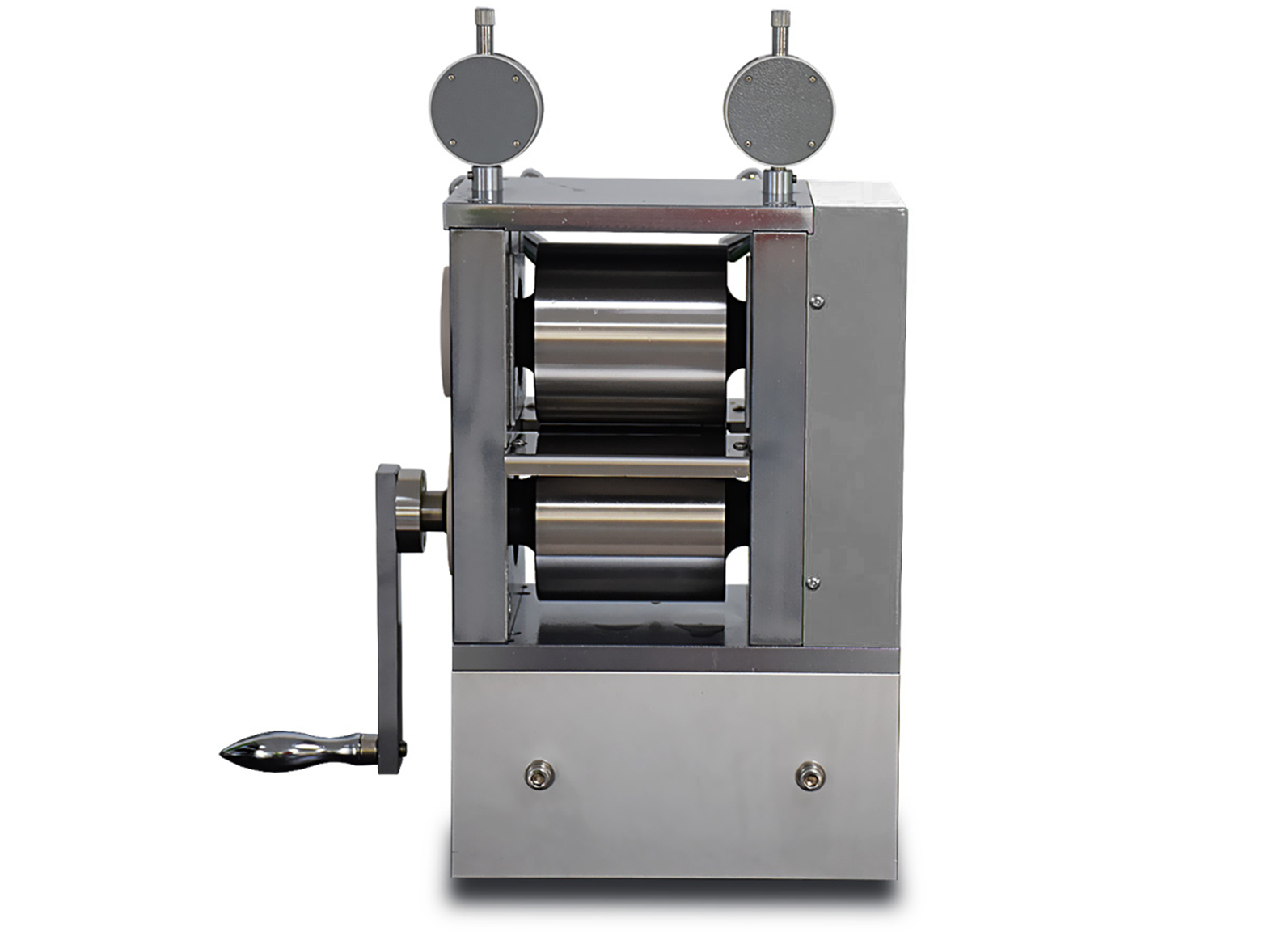 Cell Lab manual cold roller press (100 mm width) offers 0.005 mm precision, glovebox-compatible design, and hardened 96 mm rollers for compact electrode calendaring in battery R&D.