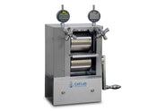 Cell Lab manual cold roller press (100 mm width) offers 0.005 mm precision, glovebox-compatible design, and hardened 96 mm rollers for compact electrode calendaring in battery R&D.