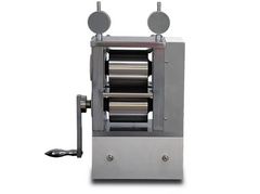 Cell Lab manual cold roller press (100 mm width) offers 0.005 mm precision, glovebox-compatible design, and hardened 96 mm rollers for compact electrode calendaring in battery R&D.