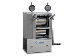 Cell Lab manual cold roller press (100 mm width) offers 0.005 mm precision, glovebox-compatible design, and hardened 96 mm rollers for compact electrode calendaring in battery R&D.
