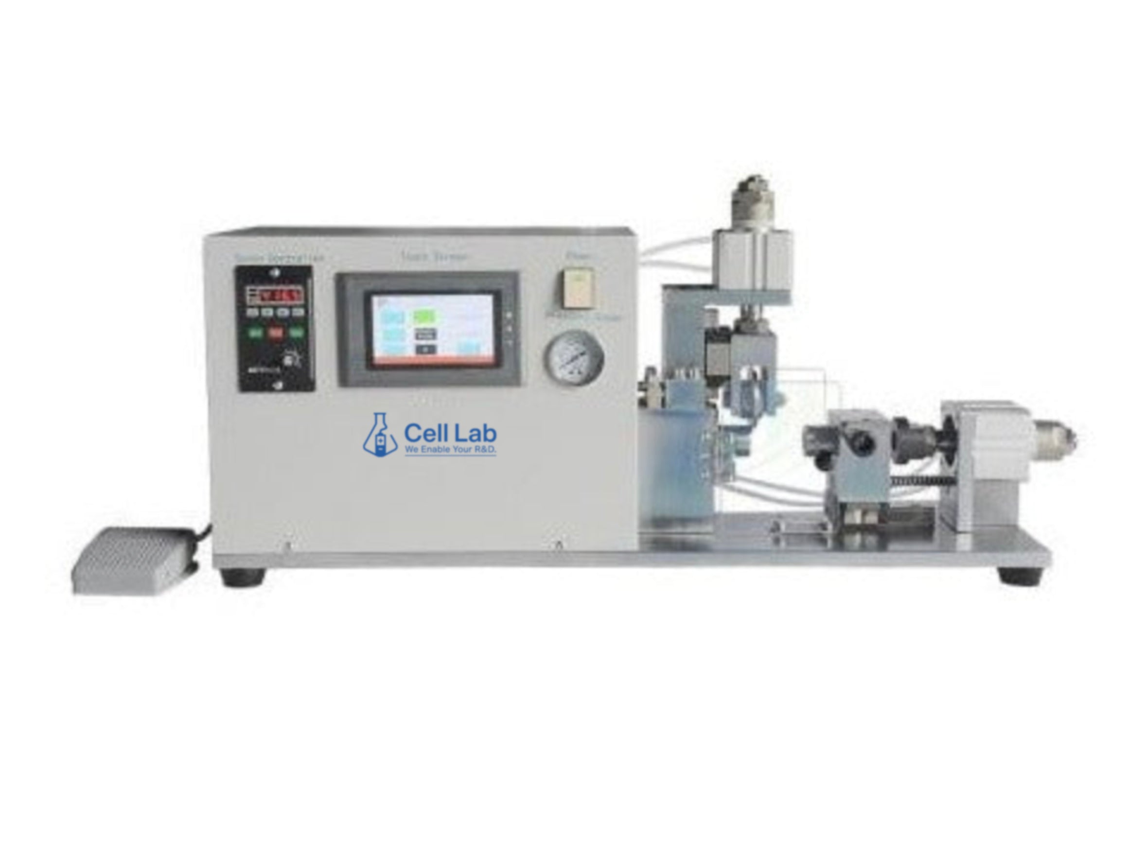 Cell Lab semi-auto battery grooving machine forms precise 1.2–2.0 mm grooves for CR123–32650 cell cases with ±0.1 mm accuracy—compact, air-driven solution for battery R&D and pilot production.