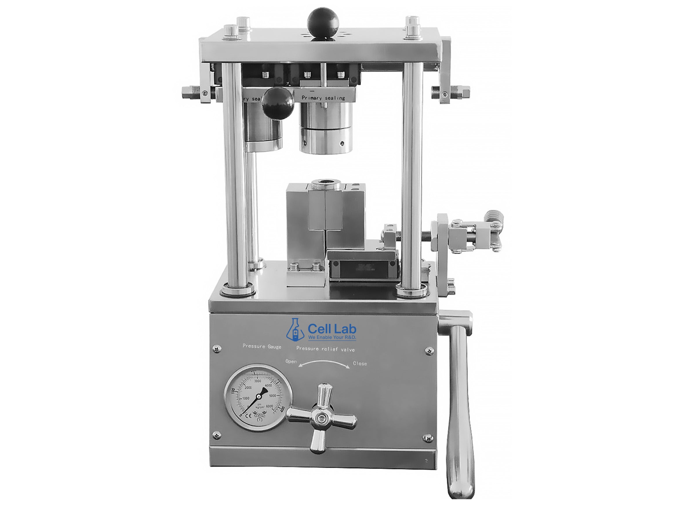Cell Lab manual hydraulic crimper (5 T) for cylindrical cell sealing. Glovebox-compatible stainless-steel design ensures safe, precise battery case crimping for R&D and pilot production.
