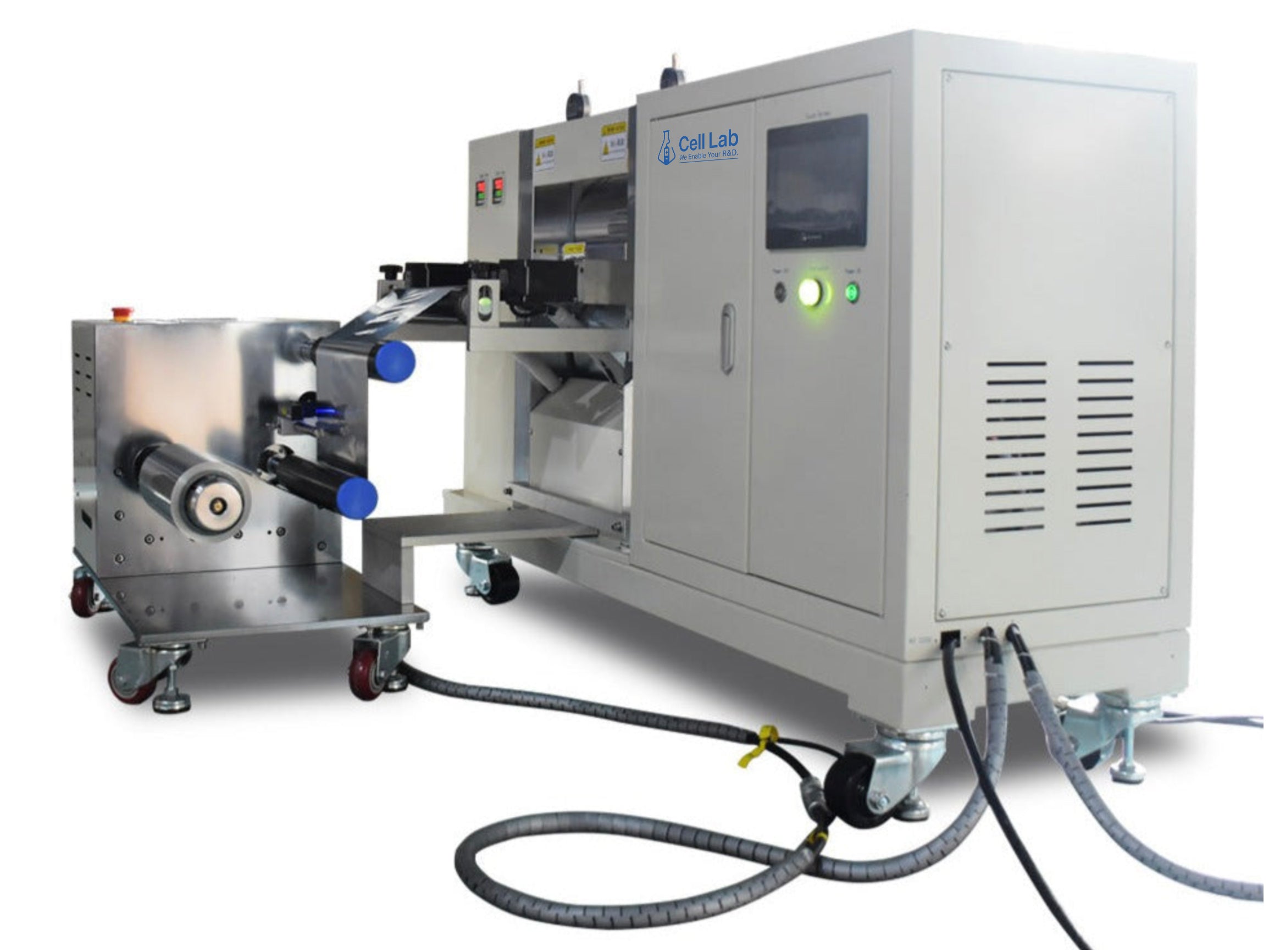 Cell Lab electric electrode calendaring machine with 330 mm rollers, 40 ton pressure, and PLC control delivers ± 0.002 mm precision for uniform battery electrode densification and pilot-scale production.