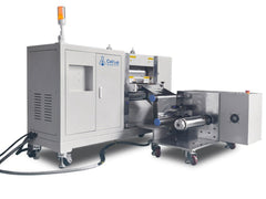 Cell Lab electric electrode calendaring machine with 330 mm rollers, 40 ton pressure, and PLC control delivers ± 0.002 mm precision for uniform battery electrode densification and pilot-scale production.