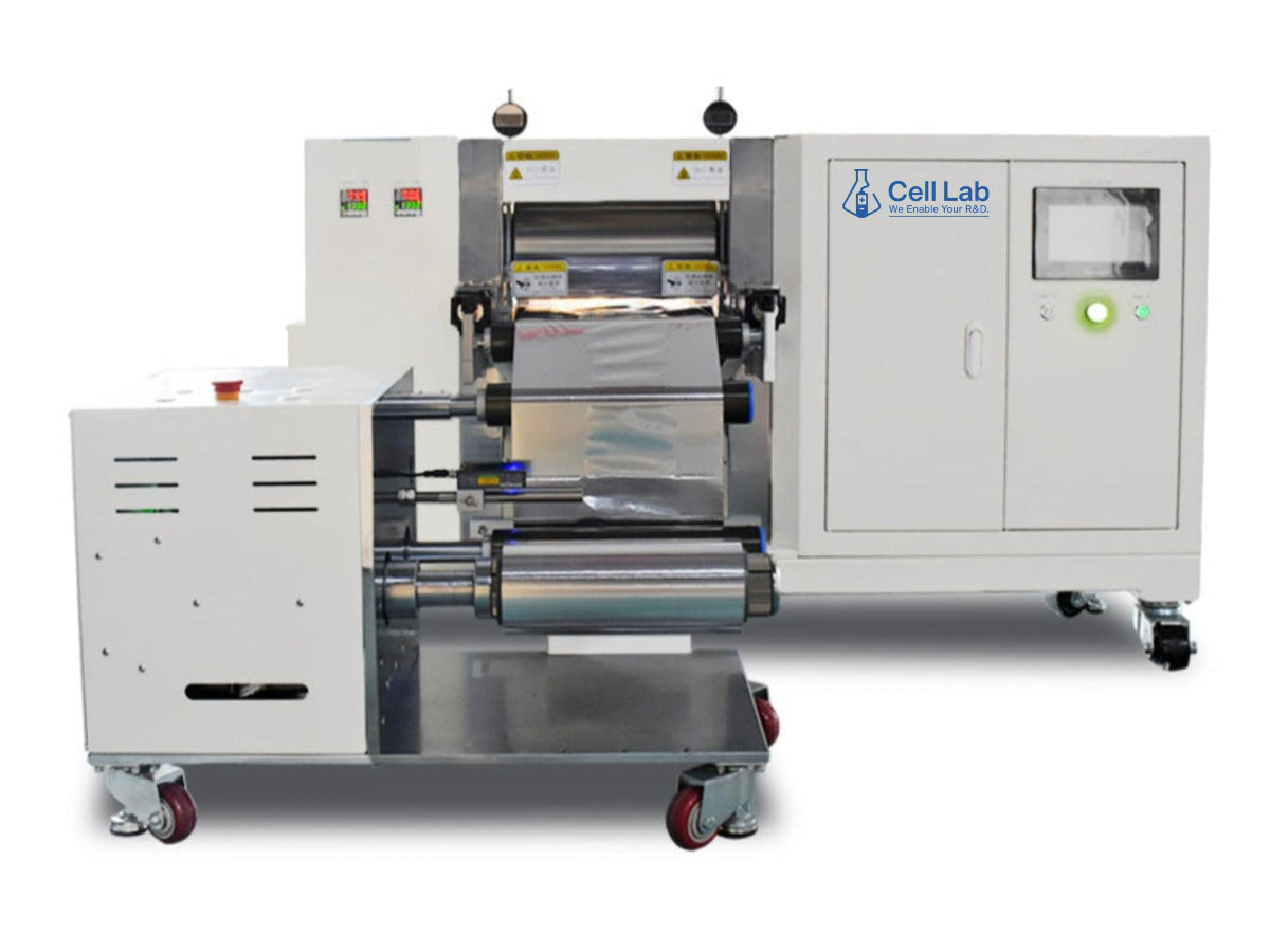 Cell Lab Electric Electrode Calendaring Machine with 330 mm Rollers, 40 Ton Pressure and PLC Control for High-Precision Battery Electrode Densification