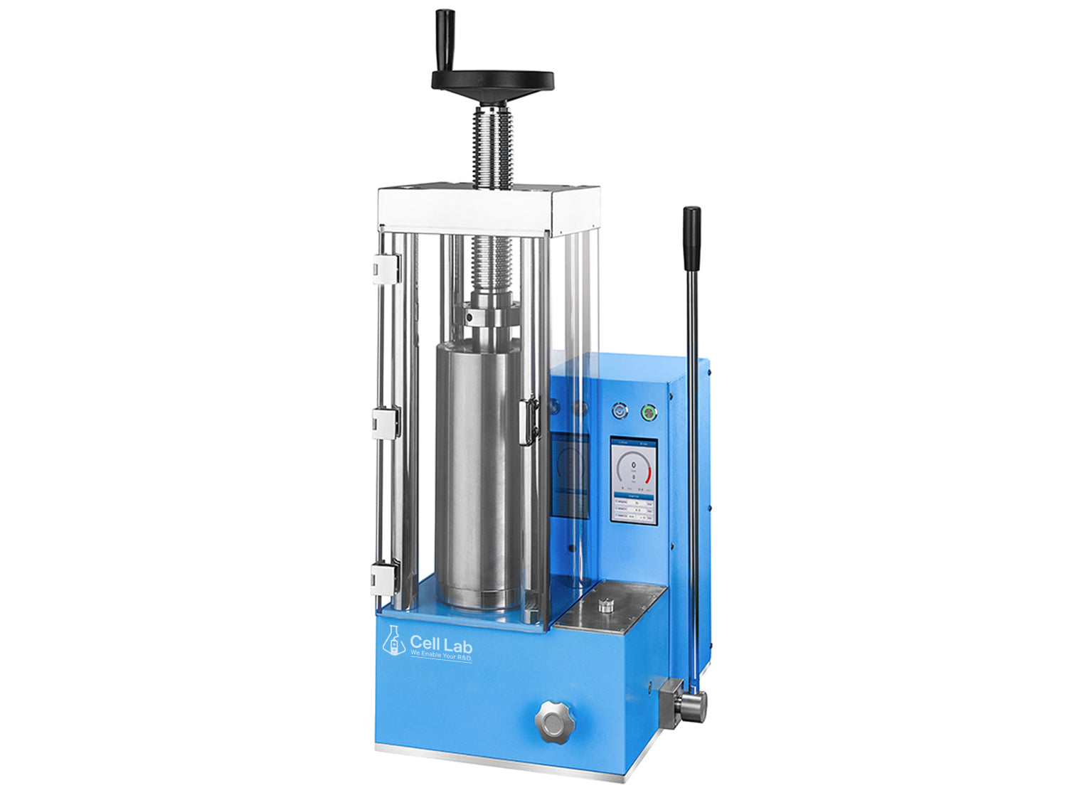 Cell Lab 60T Electrical Cold Isostatic Press (CIP) with Ø50 mm vessel – dual manual/electric pressurisation, up to 300 MPa, for ceramics, powder metallurgy, battery R&D, and advanced materials.