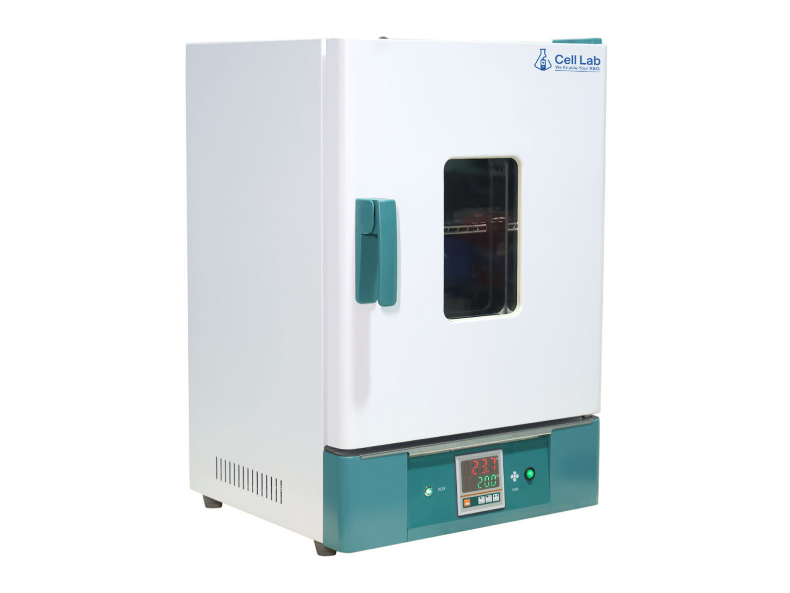 Cell Lab forced air drying oven ensures uniform heating with PID temperature control, stainless steel chamber, and adjustable fan system, ideal for laboratory and industrial drying applications.