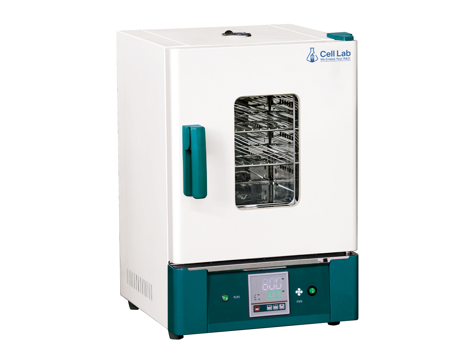 Cell Lab forced air drying oven ensures uniform heating with PID temperature control, stainless steel chamber, and adjustable fan system, ideal for laboratory and industrial drying applications.