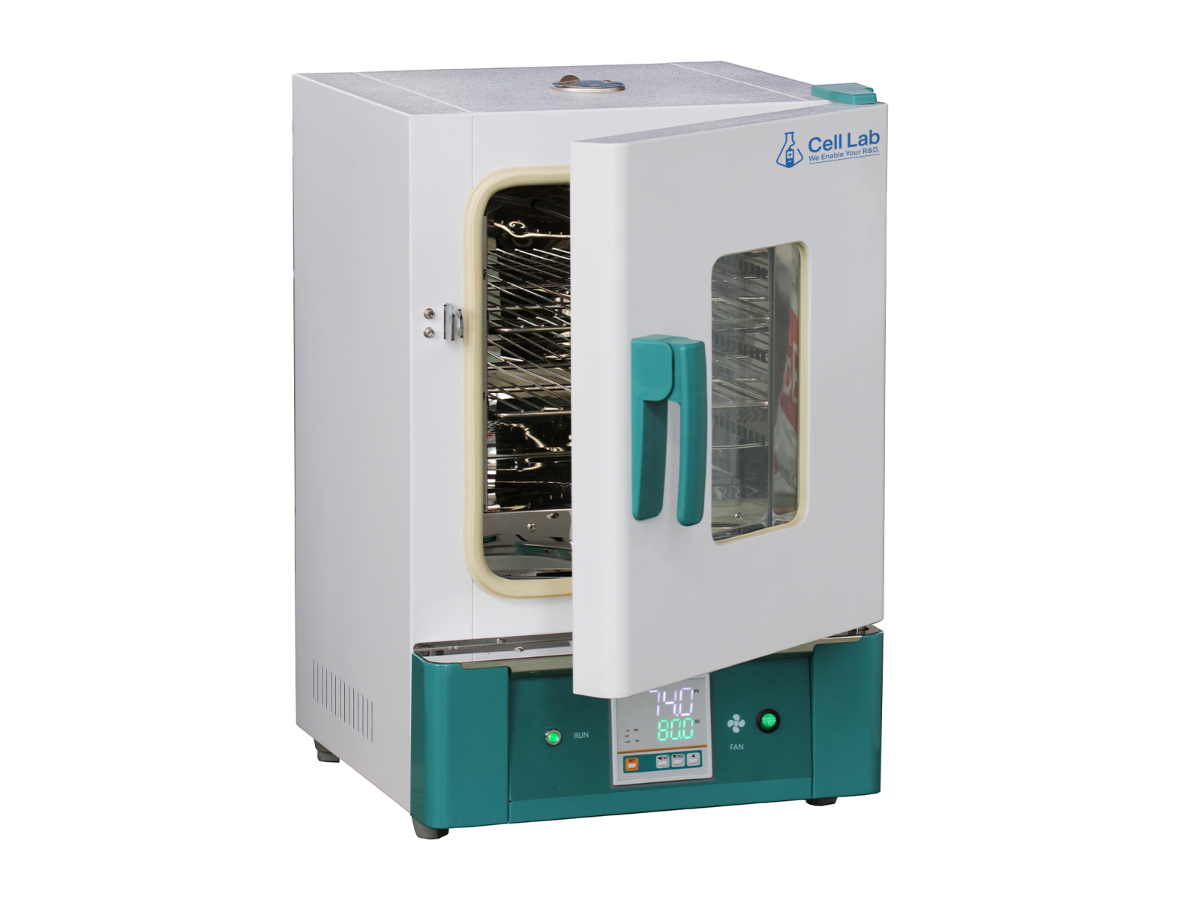 Cell Lab hot air sterilizing drying oven features forced air convection, and safety limiters for dry-heat sterilization of laboratory glassware and instruments.