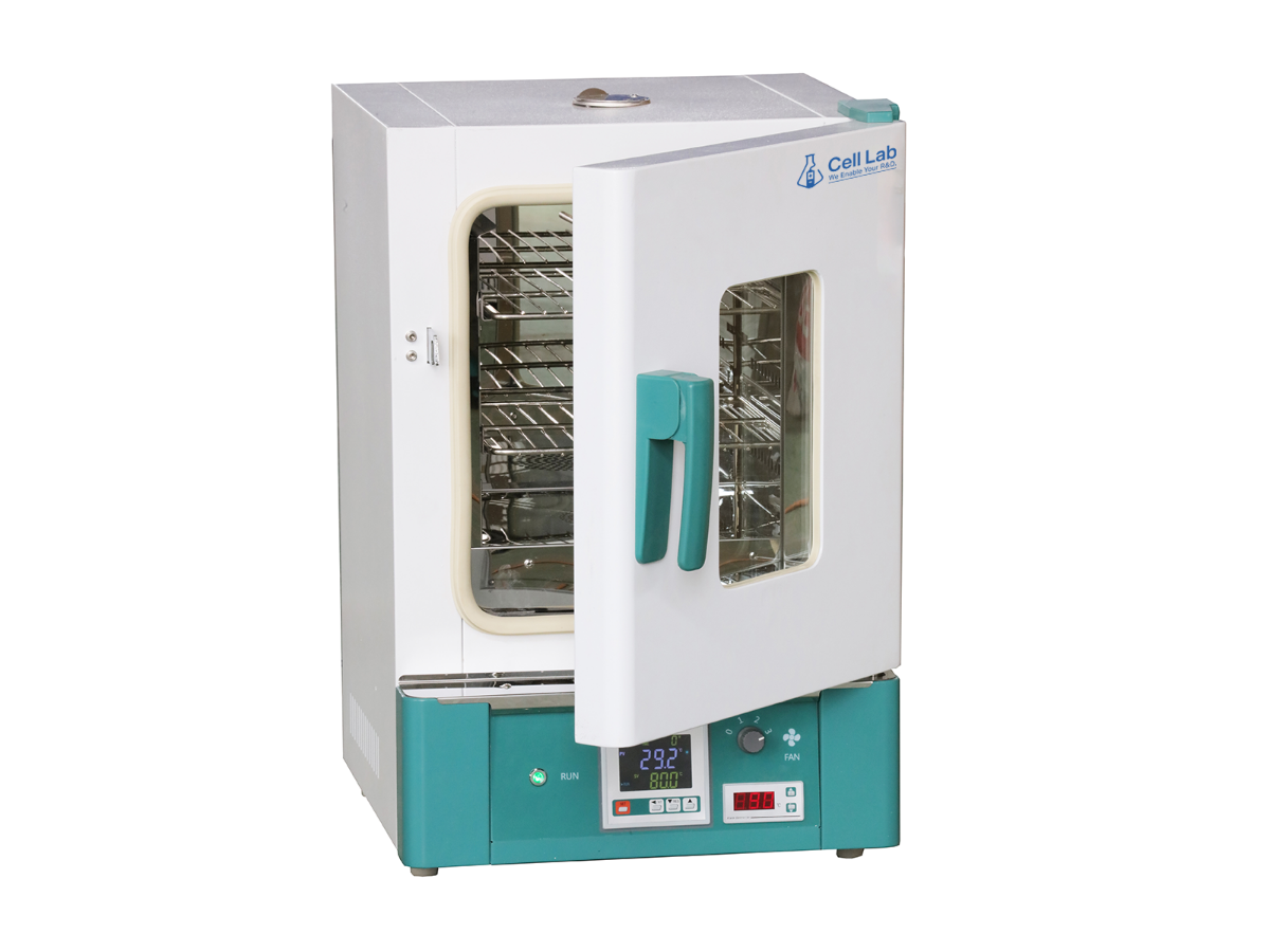 Cell Lab hot air sterilizing drying oven features forced air convection, and safety limiters for dry-heat sterilization of laboratory glassware and instruments.