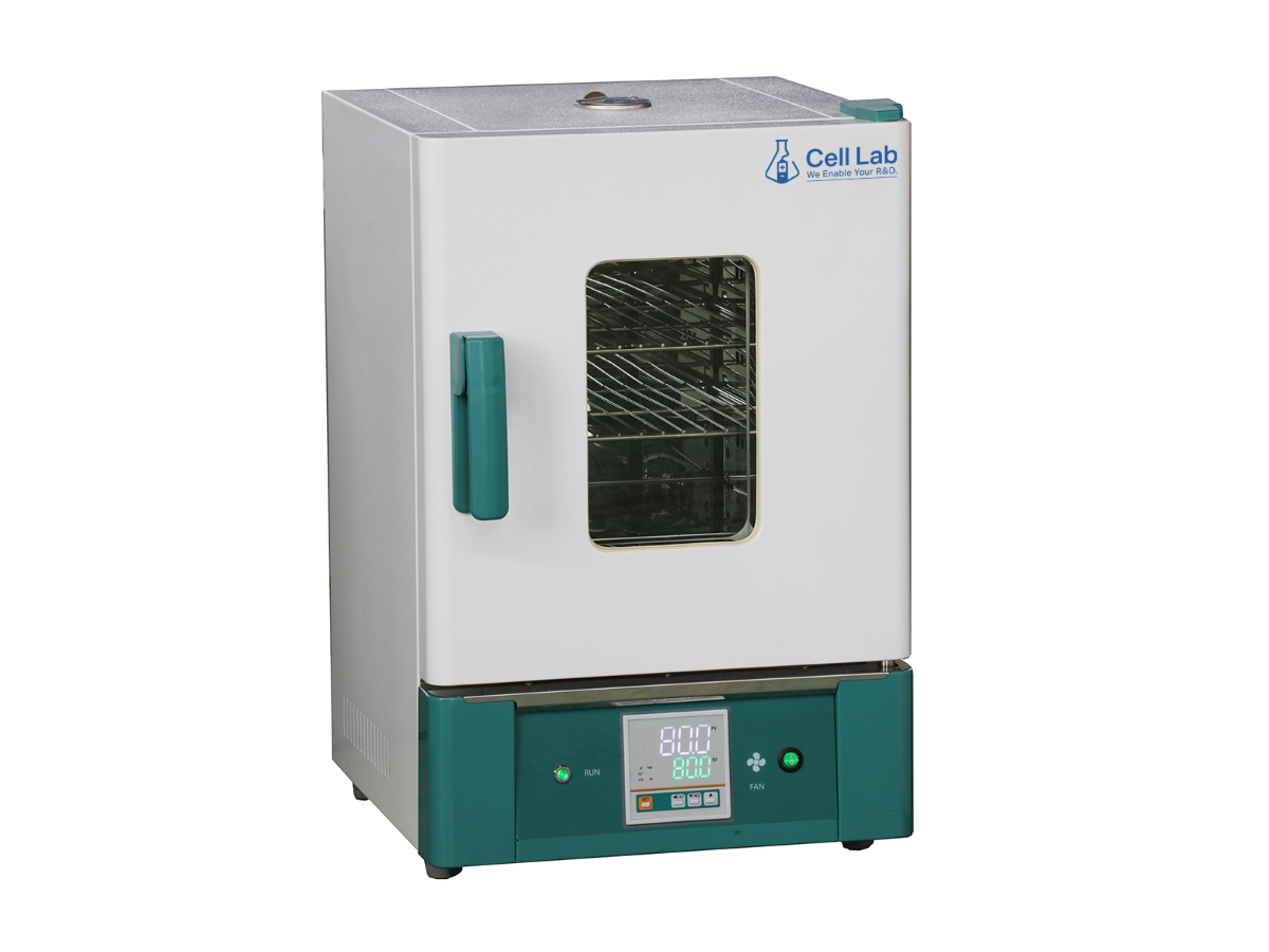 Cell Lab hot air sterilizing drying oven features forced air convection, and safety limiters for dry-heat sterilization of laboratory glassware and instruments.