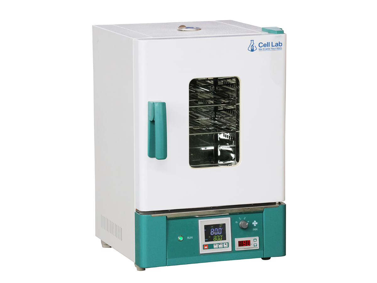 Cell Lab hot air sterilizing drying oven features forced air convection, and safety limiters for dry-heat sterilization of laboratory glassware and instruments.