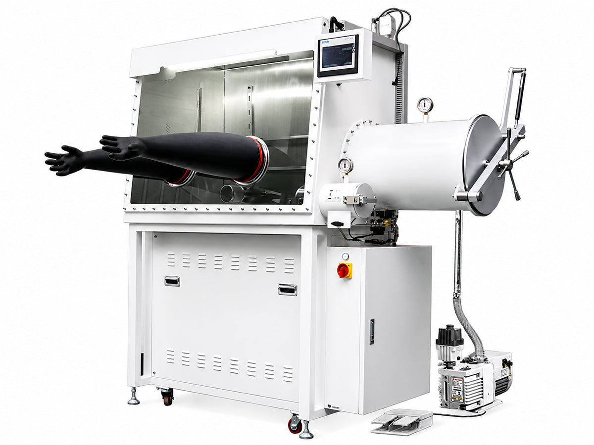 Cell Lab CL0943 inert atmosphere glove box with gas purification system, O₂ and H₂O below 0.1 ppm, dual glove ports, vacuum antechambers and touchscreen control for battery and materials research.