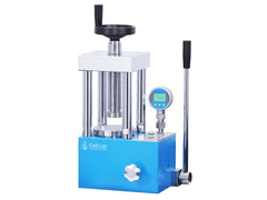 Cell Lab 15-Ton manual hydraulic pellet press — compact benchtop press for FTIR/XRF pellet preparation, battery electrode research, ceramics & powder metallurgy. Two-column & four-column models available.