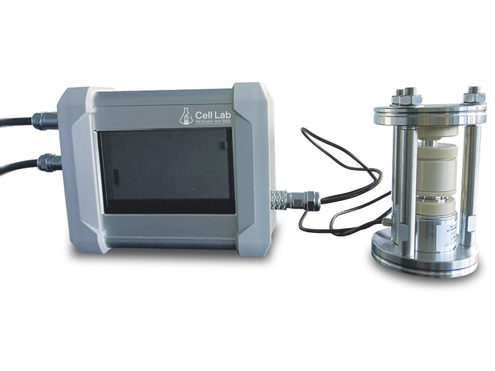Cell Lab laboratory manometer offers ±0.1 % accuracy and up to 500 MPa range for halide and sulfide solid-state battery testing; glovebox-compatible design ensures precise in-situ pressure measurement.