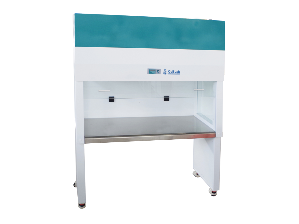 Cell Lab vertical laminar flow cabinet ensures ISO Class 100 clean air with HEPA filtration for sterile laboratory and microbiological operations.