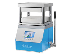 Cell Lab manual hot press with 15-ton hydraulic pressure, 300–500 °C dual-plate heating for laboratory powder compaction and material research.