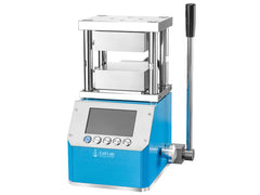 Cell Lab 10T Heated Lab Press with dual 180 × 180 mm plates, up to 300 °C, ±0.1 °C accuracy, optional water cooling, and compact benchtop design. Ideal for battery R&D, ceramics, and polymer film pressing.