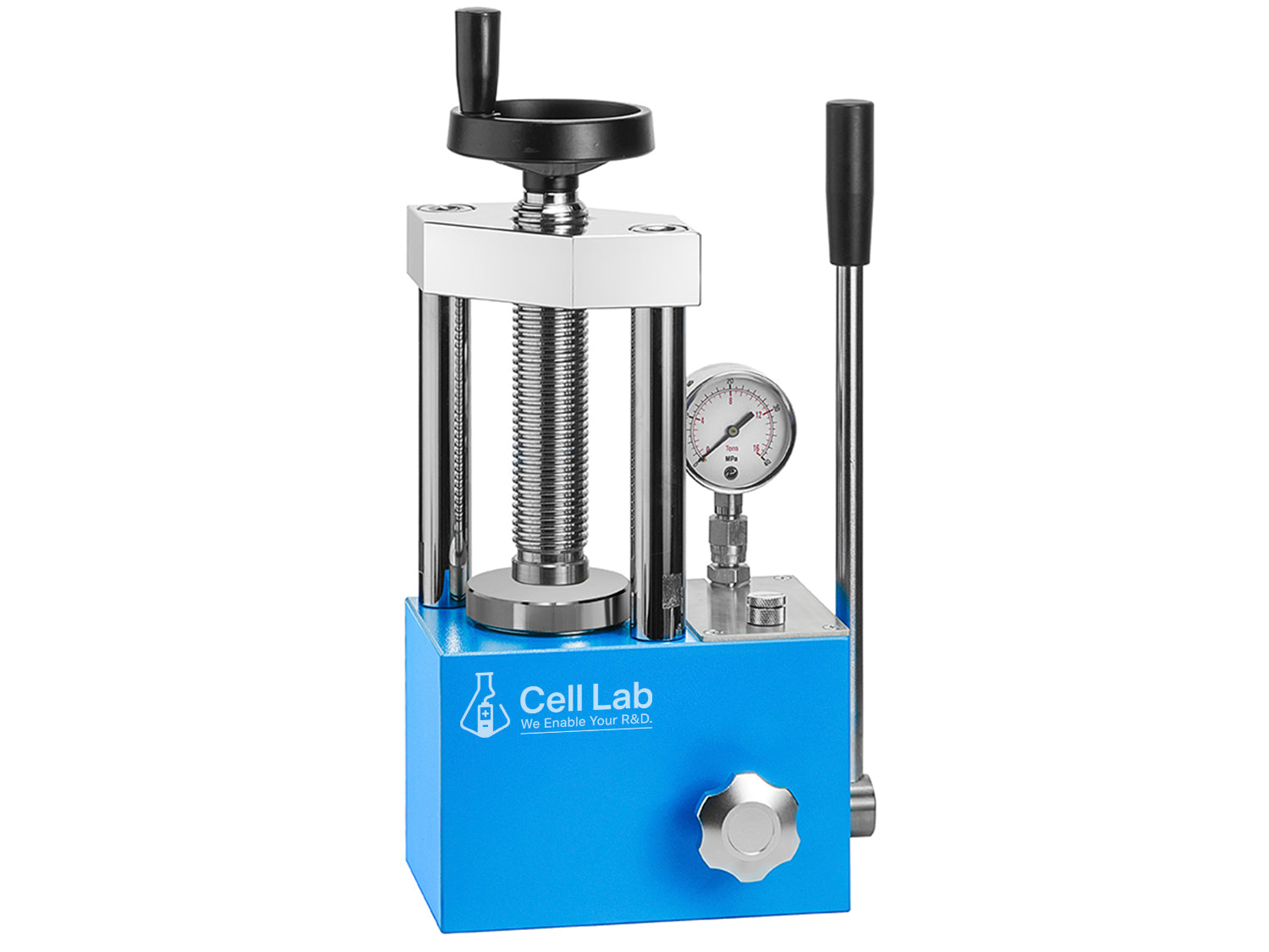 Cell Lab 12-Ton Manual Hydraulic Pellet Press: compact lab-scale press for FTIR/XRF, battery electrode, ceramics, metallurgy, and catalysis. Provides stable 12-ton force, easy operation, and available with regular or digital gauge options.