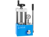 Cell Lab 12-Ton Manual Hydraulic Pellet Press: compact lab-scale press for FTIR/XRF, battery electrode, ceramics, metallurgy, and catalysis. Provides stable 12-ton force, easy operation, and available with regular or digital gauge options.