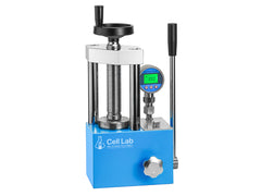 Cell Lab 12-Ton Manual Hydraulic Pellet Press: compact lab-scale press for FTIR/XRF, battery electrode, ceramics, metallurgy, and catalysis. Provides stable 12-ton force, easy operation, and available with regular or digital gauge options.