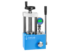 Cell Lab 12-Ton Manual Hydraulic Pellet Press: compact lab-scale press for FTIR/XRF, battery electrode, ceramics, metallurgy, and catalysis. Provides stable 12-ton force, easy operation, and available with regular or digital gauge options.