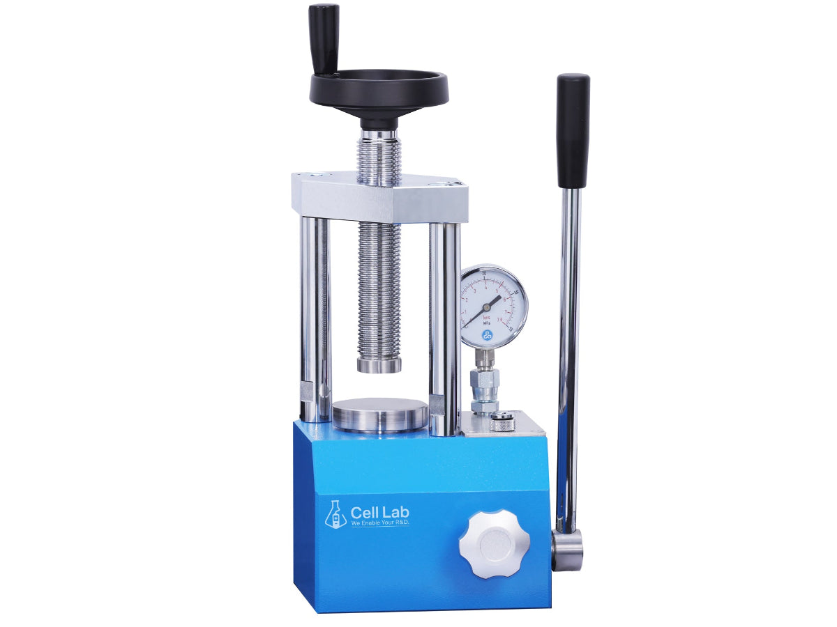 Cell Lab 3-Ton manual hydraulic pellet press is a compact lab press for FTIR/XRF, battery electrodes, ceramics and catalysts, with stable pressure, cleaning.