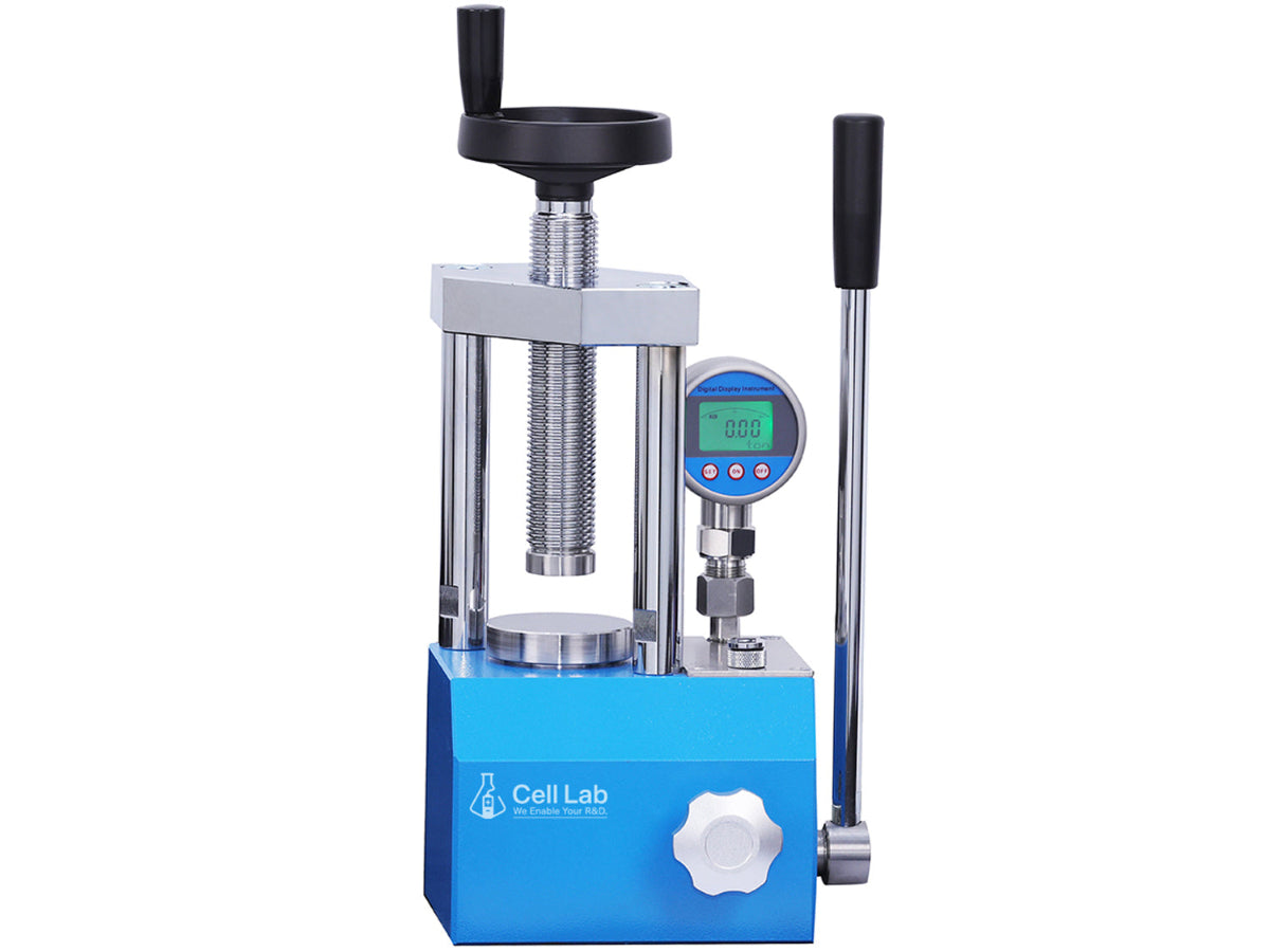 Cell Lab 3-Ton manual hydraulic pellet press is a compact lab press for FTIR/XRF, battery electrodes, ceramics and catalysts, with stable pressure, cleaning.