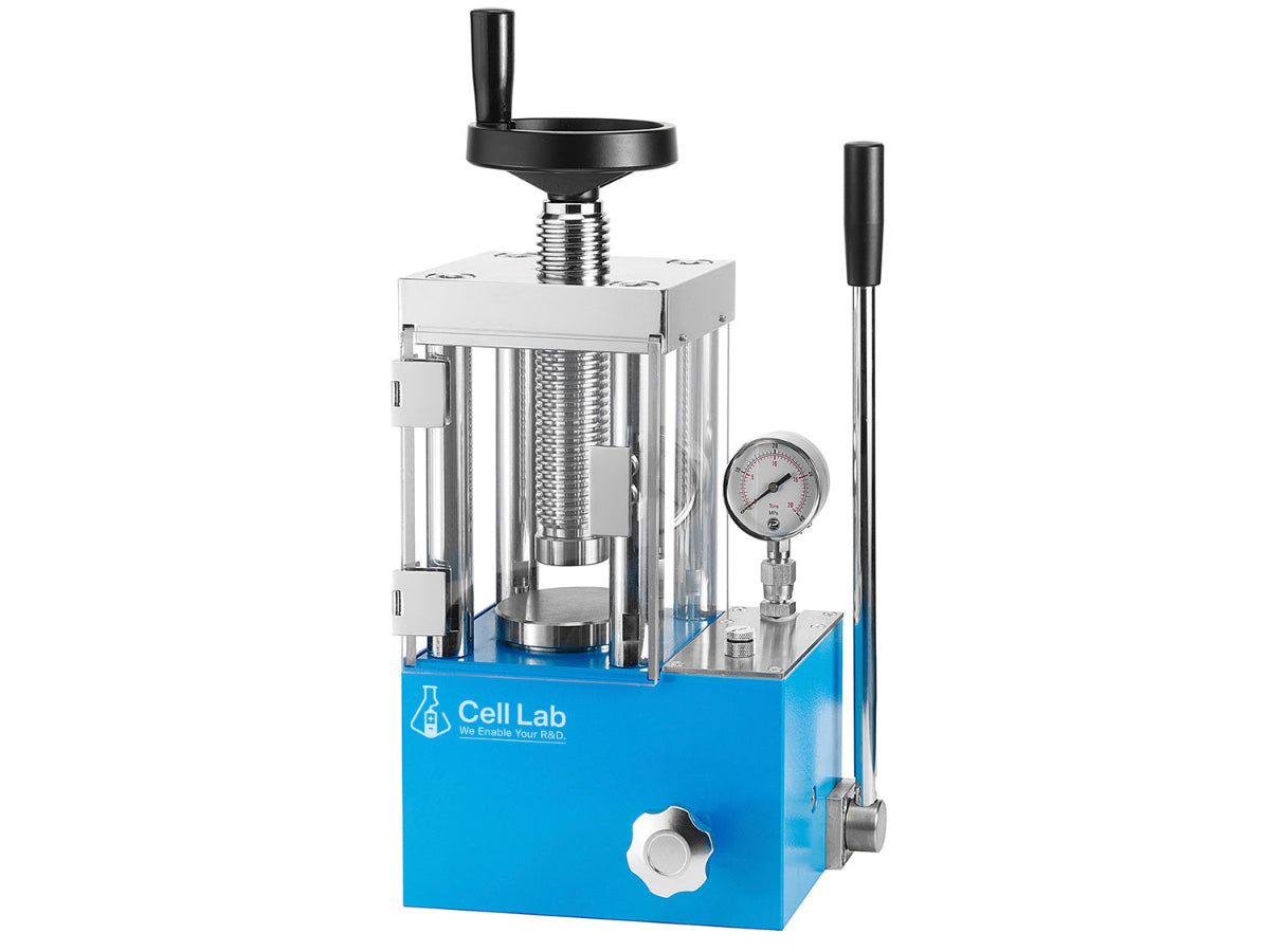 Cell Lab 30-Ton Manual Hydraulic Pellet Press: compact, high-pressure laboratory press for FTIR/XRF analysis, battery materials, ceramics, metallurgy, and catalysis. Available with regular or digital gauges, with or without safety shields.