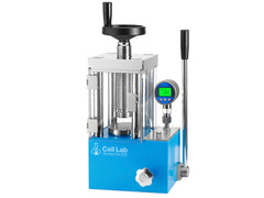 Cell Lab 30-Ton Manual Hydraulic Pellet Press: compact, high-pressure laboratory press for FTIR/XRF analysis, battery materials, ceramics, metallurgy, and catalysis. Available with regular or digital gauges, with or without safety shields.