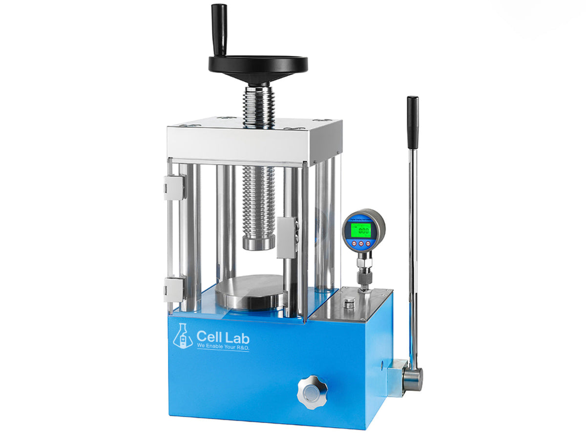 Cell Lab Manual Hydraulic Pellet Press Series with Safety Shield (15T, 24T, 40T, 60T). Available with Regular or Digital Pressure Gauge. Compact lab-scale presses with ≤1 MPa/10 min stability, ideal for FTIR/XRF, batteries, ceramics, metallurgy, and catalysis.