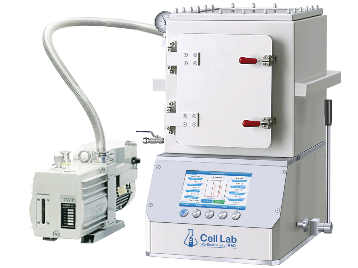 Cell Lab 10T Manual Vacuum Heated Lab Press with 500 °C dual plates (200 × 200 mm) and –0.1 MPa vacuum chamber. Ideal for battery research, polymers, ceramics, and thin-film applications.