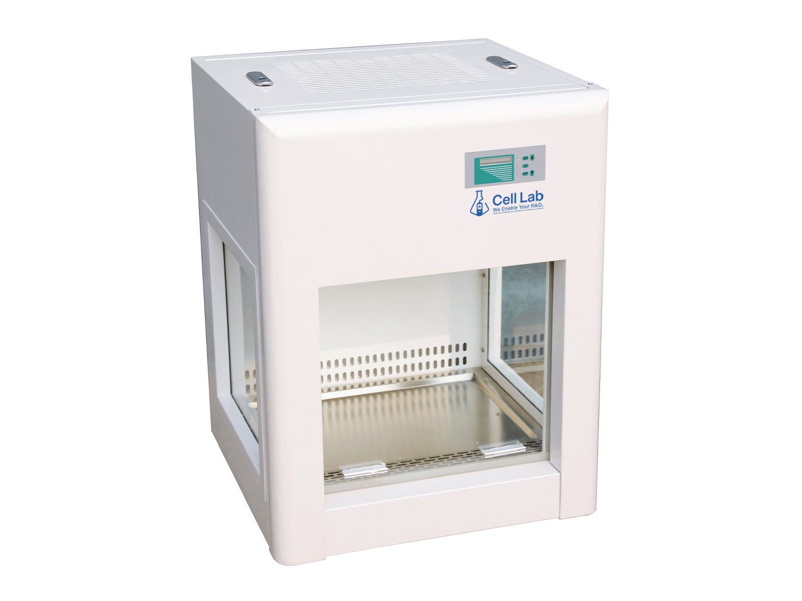 Cell Lab mini laminar flow cabinet and fume hood provide ISO Class 5 clean air with HEPA filtration, LED/LCD control, and UV safety for compact laboratory environments, ensuring reliable sample and operator protection.