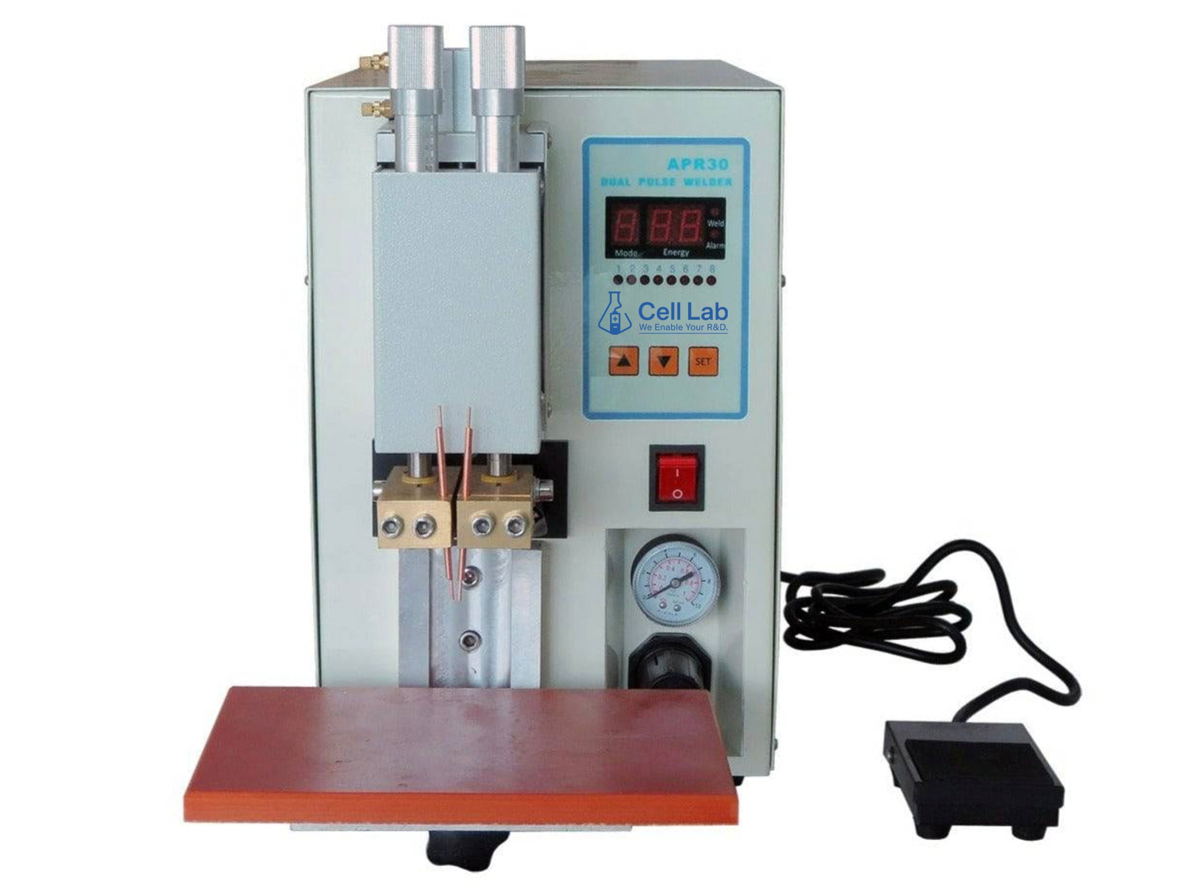 Cell Lab single point pneumatic tab welding machine for cylindrical battery R&D – adjustable pressure, 3000 A double-pulse control, and precision welding for nickel tabs (0.02–0.2 mm).