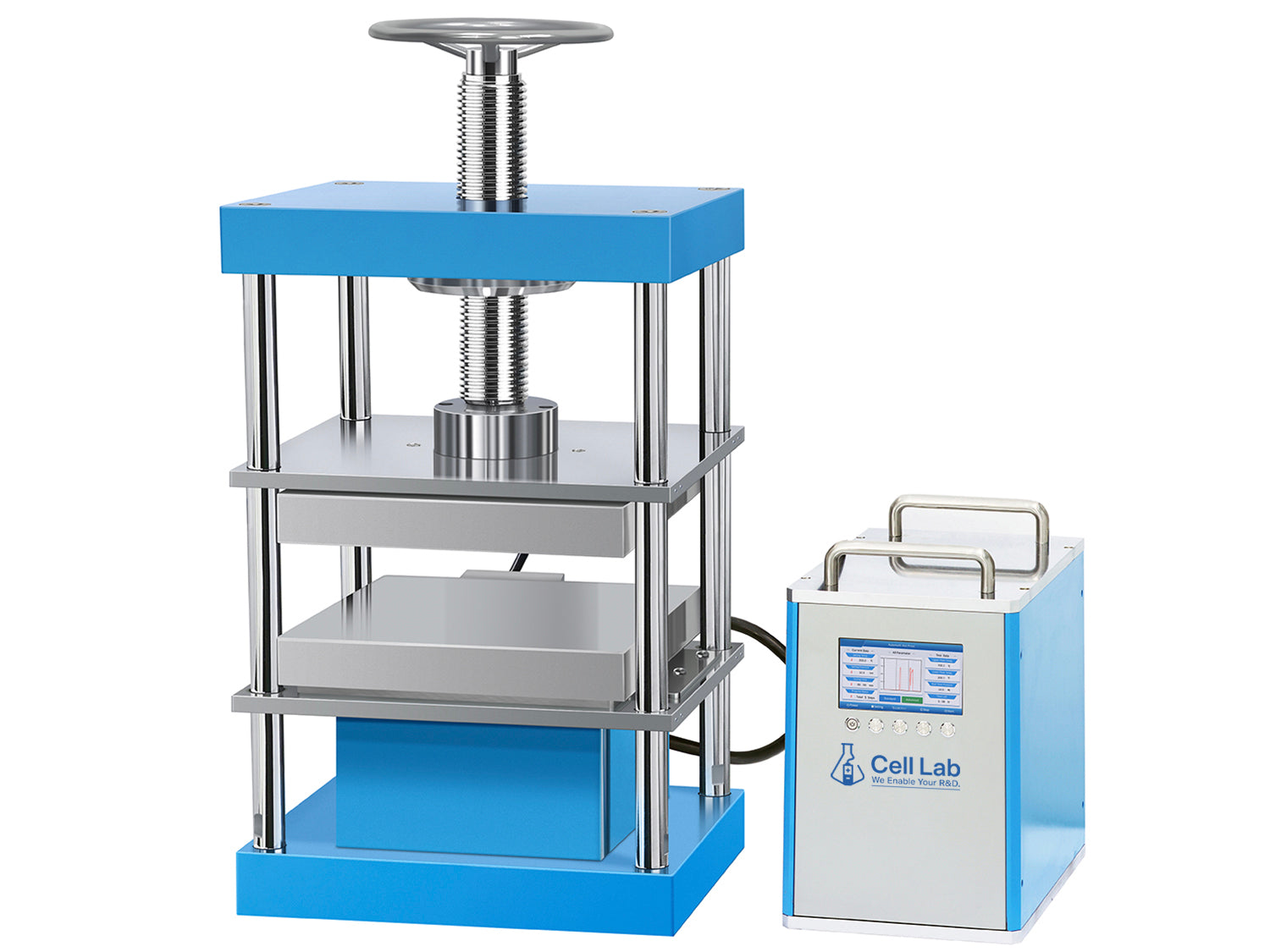 Cell Lab 40T Split Type Electric Heated Lab Press with dual 400 × 400 mm plates, up to 300 °C heating, and electric hydraulic system. Available with or without water chiller for rapid cooling. Ideal for polymer, ceramics, electrodes, and materials R&D.