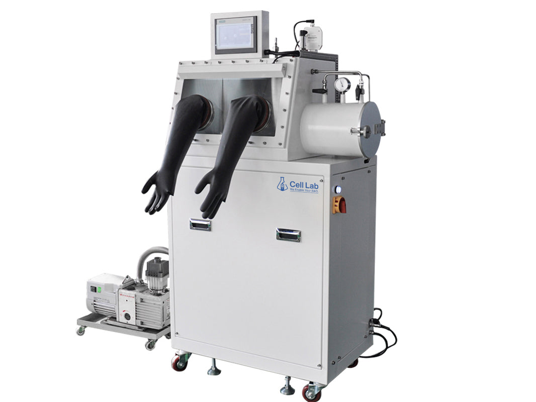 Cell Lab stainless steel glove boxes with gas purification system maintain O₂ / H₂O < 1 ppm for battery, OLED, and semiconductor research.