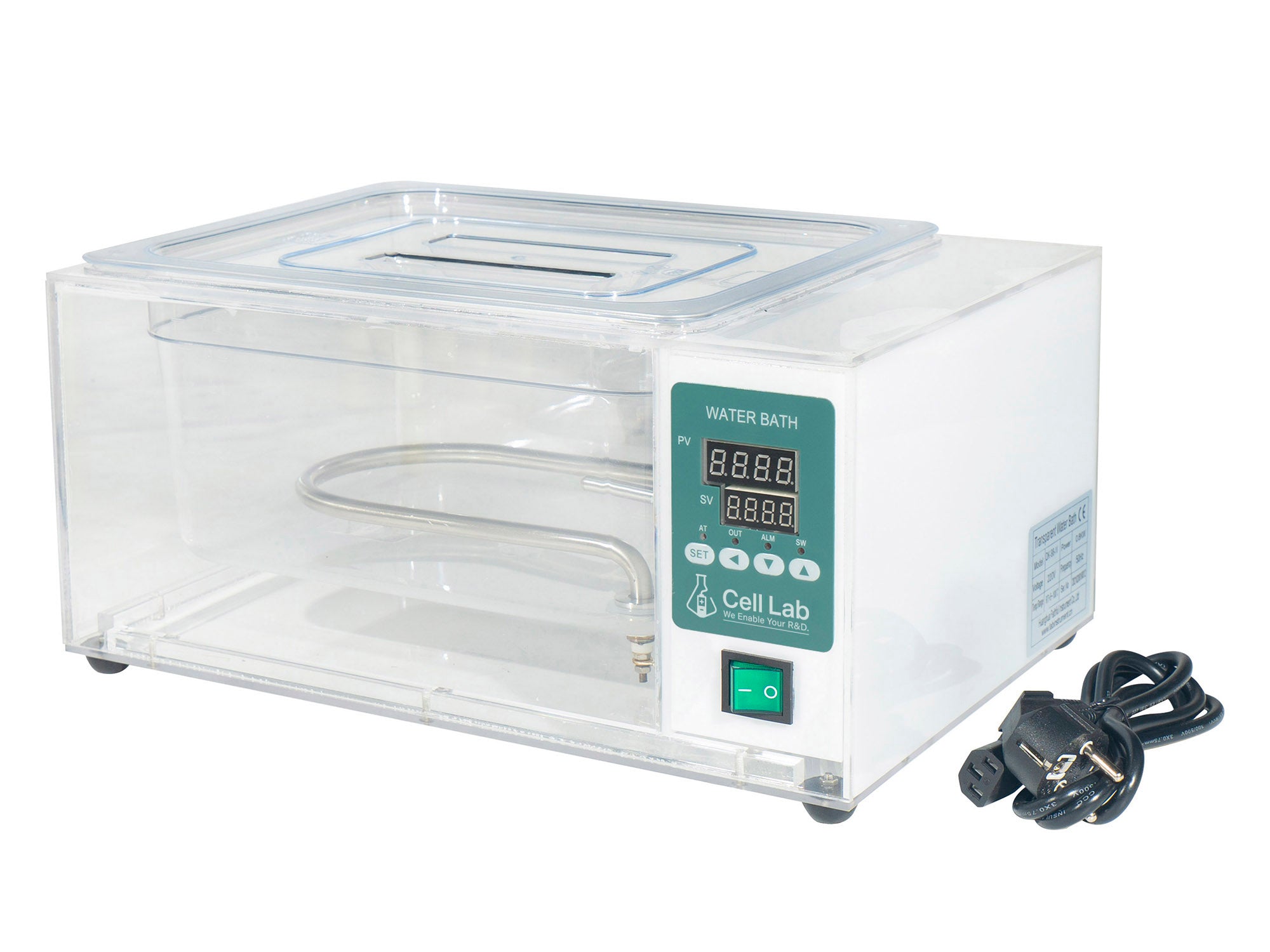 Cell Lab Transparent laboratory water bath with digital temperature control for precision heating and sample observation. Ideal for scientific experiments, educational labs, and temperature-sensitive research.