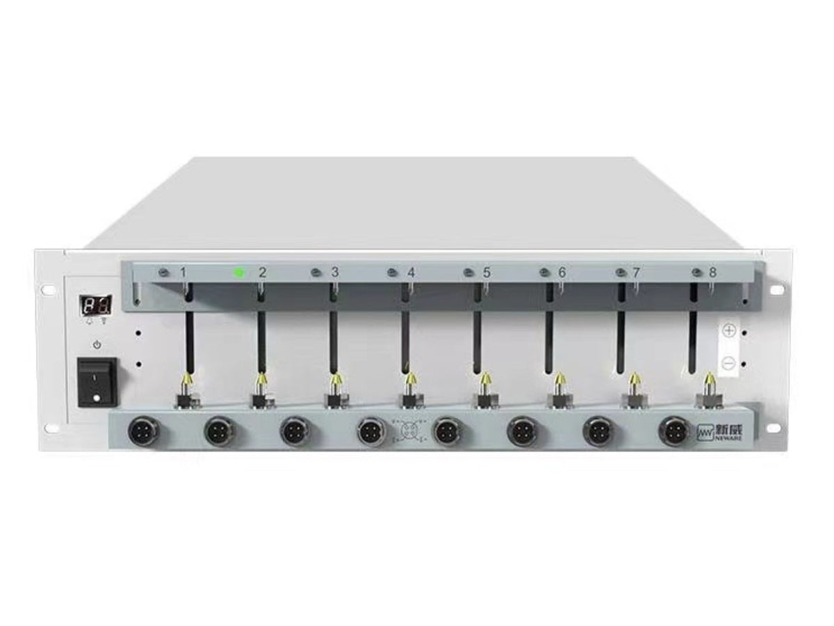 Neware CT-4008Tn-5V12A battery tester with 8 channels, 5mA–12A output, pulse testing, DCIR analysis, and high-power electrochemical battery testing capabilities.
